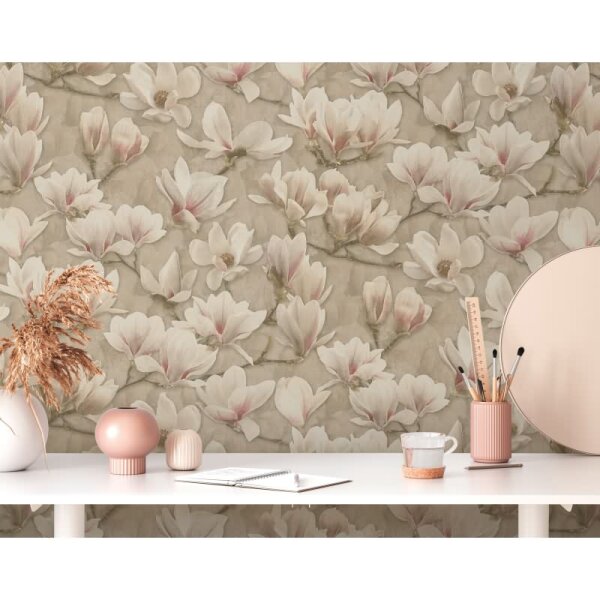 Blumentapete Magnolien Beige Rosé - Vliestapete floral romantisch - Mustertapete zart AS-Creation (396101)