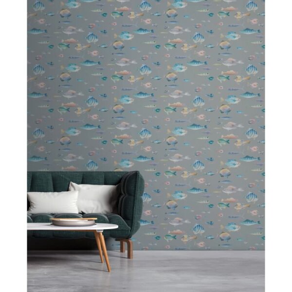 Kindertapete Fische Grau Bunt - Vliestapete maritim verspielt - Mustertapete Meerestiere AS-Creation (396961)