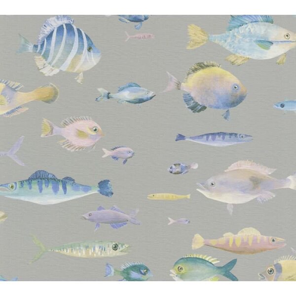 Kindertapete Fische Grau Bunt - Vliestapete maritim verspielt - Mustertapete Meerestiere AS-Creation (396961)
