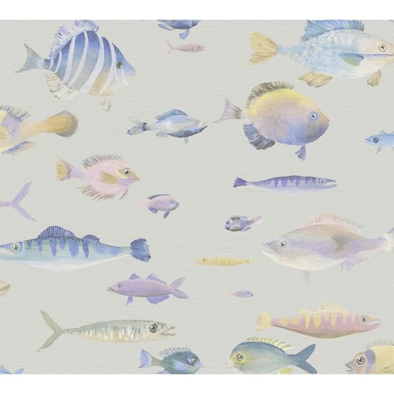 Kindertapete Fische Hellgrau Bunt - Vliestapete maritim - Mustertapete Kinderzimmer Meer AS-Creation (396964)