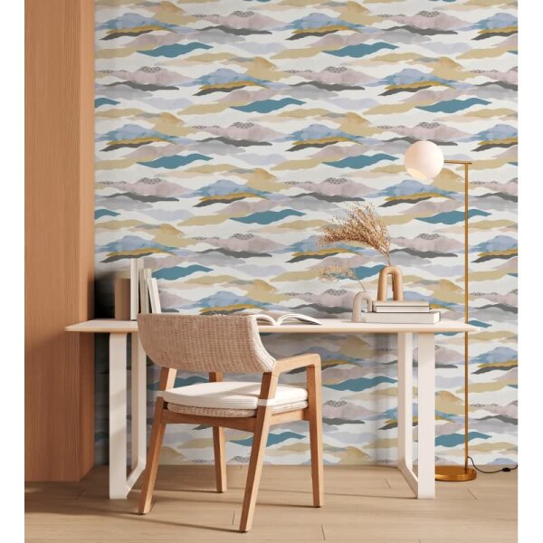 Landschafts-Tapete Berge Beige Blau - Vliestapete modern - Mustertapete Aquarell-Optik AS-Creation (396991)