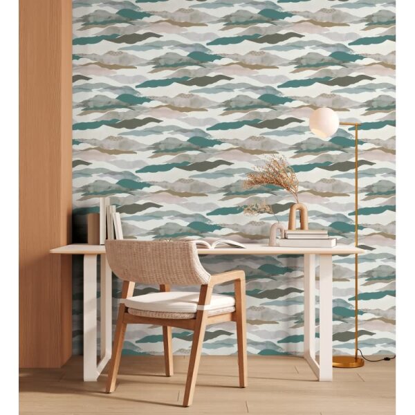 Landschafts-Tapete Berge Grün Grau - Vliestapete Aquarelloptik - Mustertapete Natur modern AS-Creation (396993)