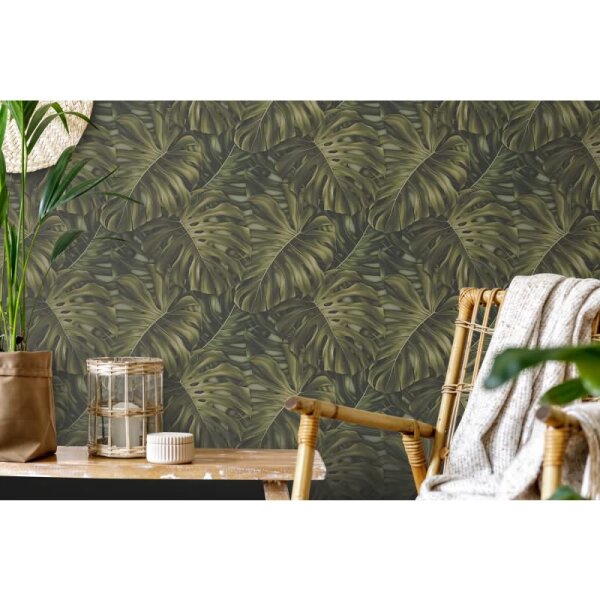 Dschungel-Tapete Monstera Dunkelgrün - Vliestapete tropisch - Mustertapete Pflanzenmotiv AS-Creation (397011)