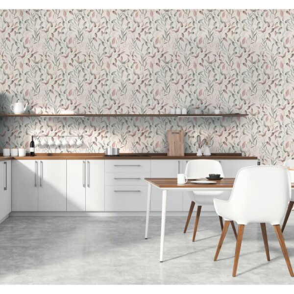 Blatt-Tapete Rosé Grün Weiß - Vliestapete zart floral - Mustertapete Naturstil modern AS-Creation (397451)