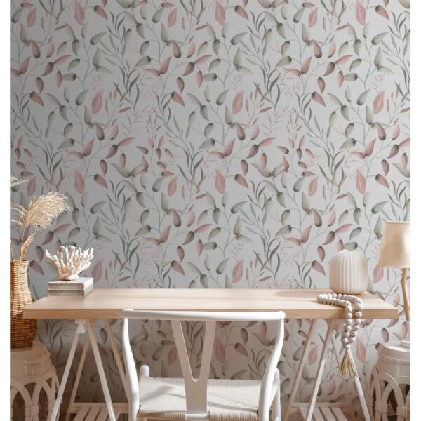 Blatt-Tapete Rosé Grün Weiß - Vliestapete zart floral - Mustertapete Naturstil modern AS-Creation (397451)