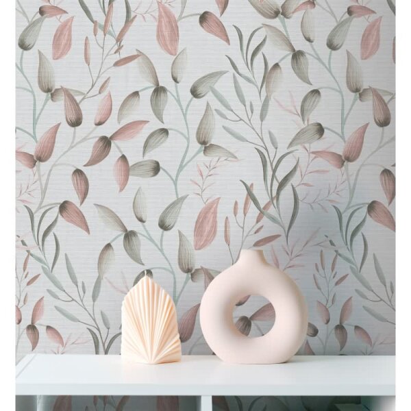 Blatt-Tapete Rosé Grün Weiß - Vliestapete zart floral - Mustertapete Naturstil modern AS-Creation (397451)