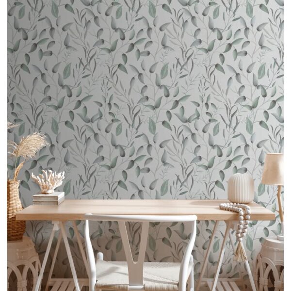 Blatt-Tapete Grün Weiß - Vliestapete floral zart - Mustertapete Naturstil hell AS-Creation (397452)