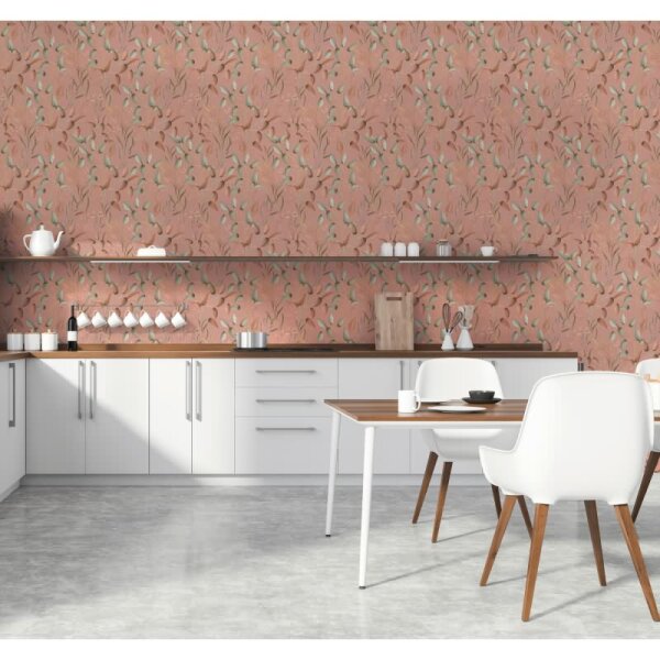 Blatt-Tapete Terrakotta Grün - Vliestapete floral - Mustertapete mit Naturmotiv warm AS-Creation (397453)