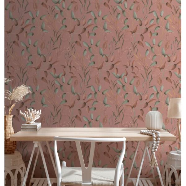 Blatt-Tapete Terrakotta Grün - Vliestapete floral - Mustertapete mit Naturmotiv warm AS-Creation (397453)