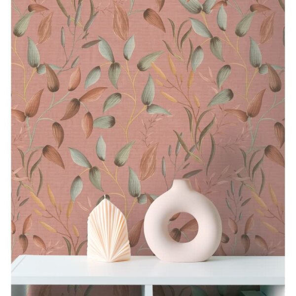 Blatt-Tapete Terrakotta Grün - Vliestapete floral - Mustertapete mit Naturmotiv warm AS-Creation (397453)