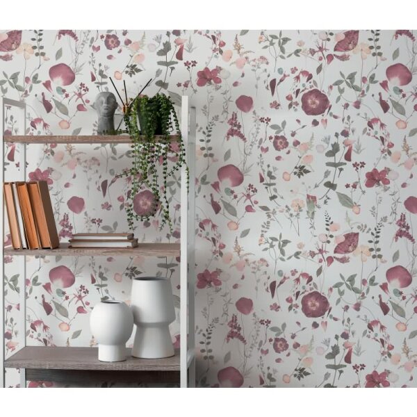 Blumentapete Wildblumen Weiß Bordeaux - Vliestapete floral zart - Mustertapete romantisch AS-Creation (397461)