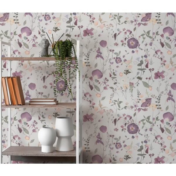Blumentapete Wildblumen Weiß Violett - Vliestapete floral - Mustertapete natürlich verspielt AS-Creation (397462)