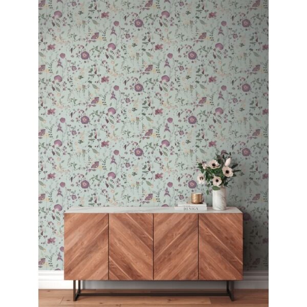 Blumentapete Wildblumen Mint Violett - Vliestapete floral - Mustertapete mit Naturmotiv AS-Creation (397463)