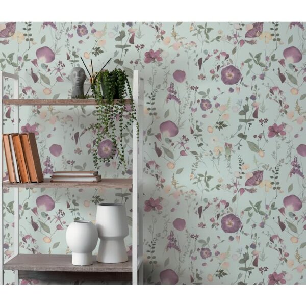 Blumentapete Wildblumen Mint Violett - Vliestapete floral - Mustertapete mit Naturmotiv AS-Creation (397463)