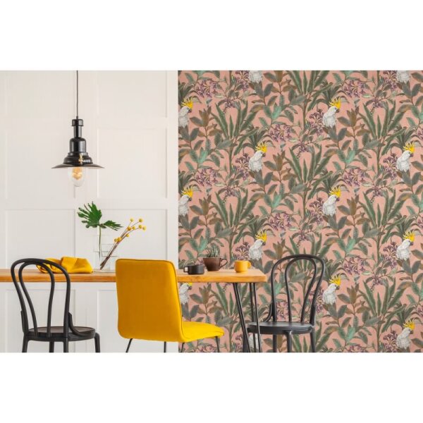 Dschungel-Tapete Kakadu Altrosa - Vliestapete tropisch - Mustertapete mit Palmen & Vogelmotiv AS-Creation (397481)