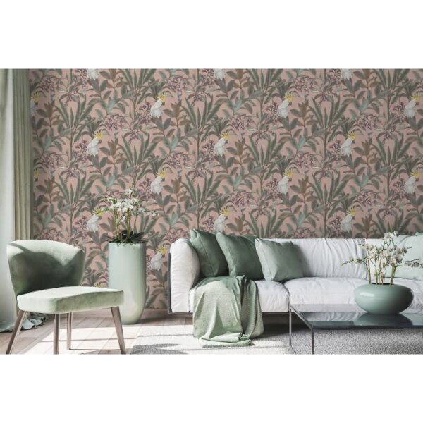 Dschungel-Tapete Kakadu Altrosa - Vliestapete tropisch - Mustertapete mit Palmen & Vogelmotiv AS-Creation (397481)