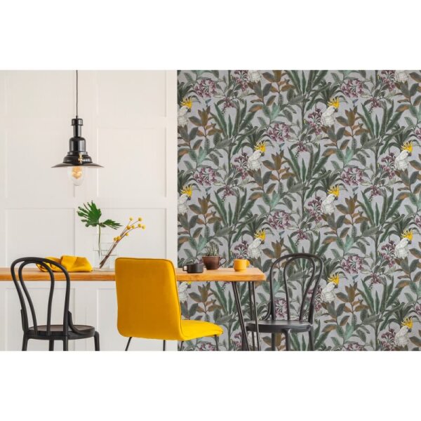 Dschungel-Tapete Kakadu Graublau - Vliestapete tropisch - Mustertapete mit Palmen & Vogel AS-Creation (397483)