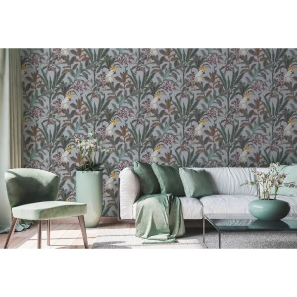 Dschungel-Tapete Kakadu Graublau - Vliestapete tropisch - Mustertapete mit Palmen & Vogel AS-Creation (397483)