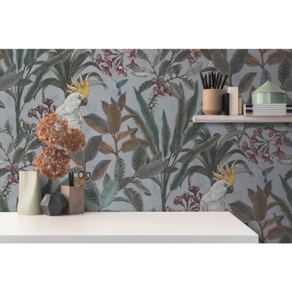 Dschungel-Tapete Kakadu Graublau - Vliestapete tropisch - Mustertapete mit Palmen & Vogel AS-Creation (397483)