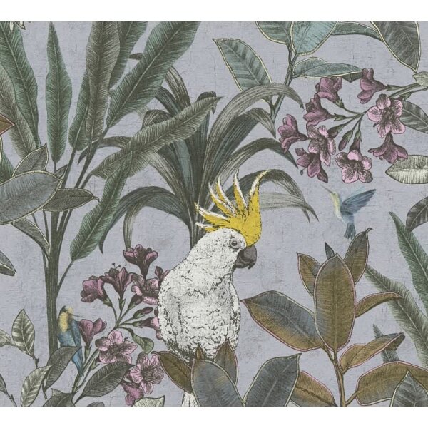 Dschungel-Tapete Kakadu Graublau - Vliestapete tropisch - Mustertapete mit Palmen & Vogel AS-Creation (397483)