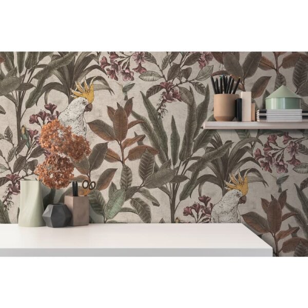 Dschungel-Tapete Kakadu Naturfarben - Vliestapete tropisch - Mustertapete mit Blättern & Vogel AS-Creation (397484)