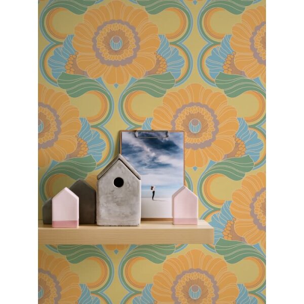 Retro-Blumen Tapete Gelb Grün Blau - Muster Tapete floral - Vliestapete AS-Creation (395301)
