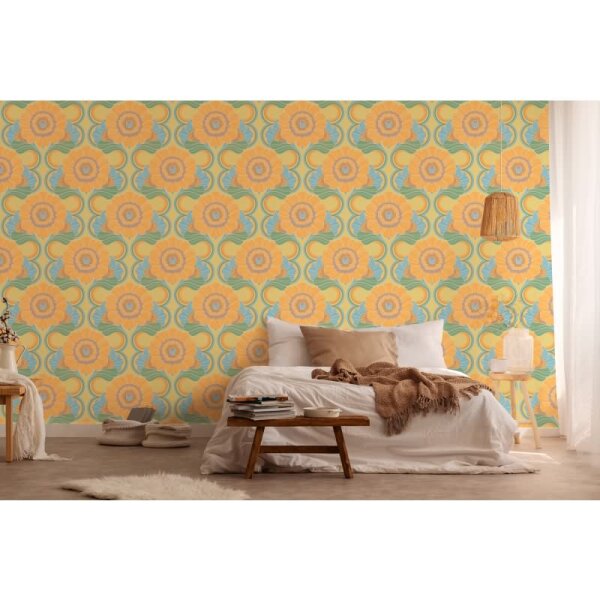Retro-Blumen Tapete Gelb Grün Blau - Muster Tapete floral - Vliestapete AS-Creation (395301)