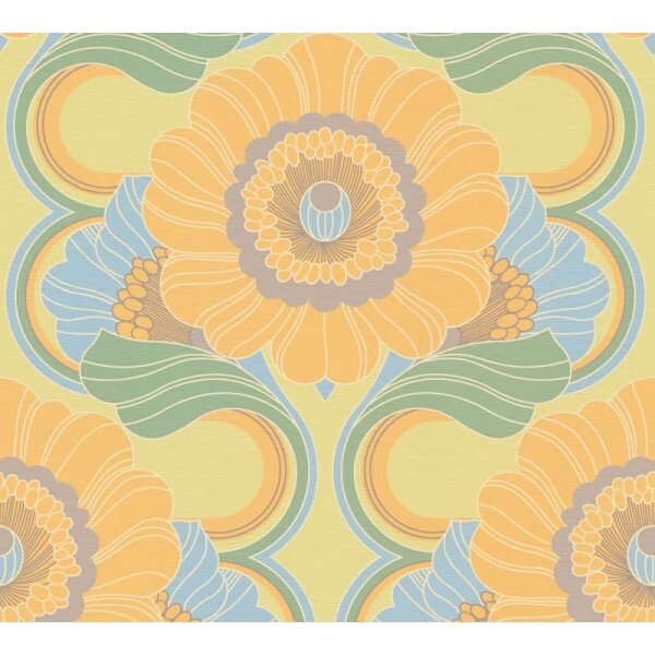 Retro-Blumen Tapete Gelb Grün Blau - Muster Tapete floral - Vliestapete AS-Creation (395301)