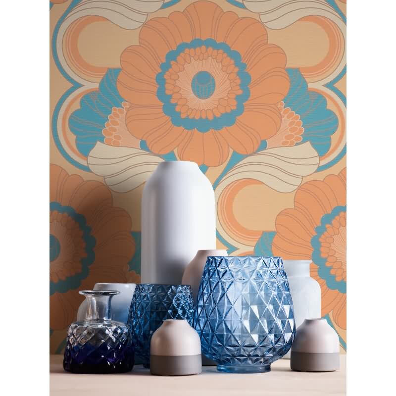 Retro-Blumentapete Apricot Blau Beige - Mustertapete floral - Vliestapete AS-Creation (395302)