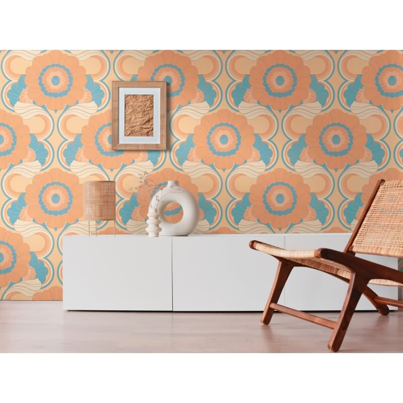 Retro-Blumentapete Apricot Blau Beige - Mustertapete floral - Vliestapete AS-Creation (395302)