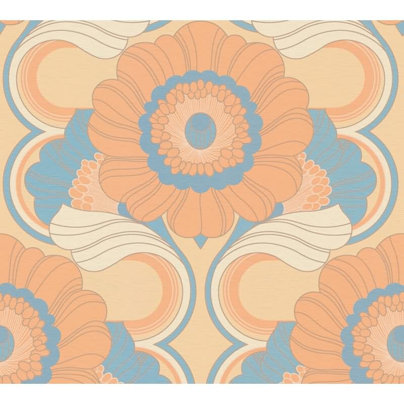 Retro-Blumentapete Apricot Blau Beige - Mustertapete floral - Vliestapete AS-Creation (395302)