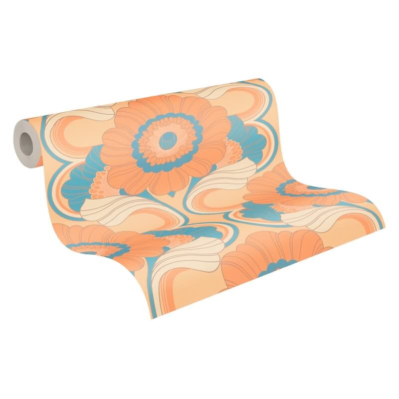 Retro-Blumentapete Apricot Blau Beige - Mustertapete floral - Vliestapete AS-Creation (395302)