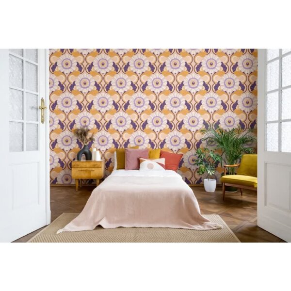 Retro Blumentapete Lila Gelb Creme - Muster Tapete floral - Vliestapete AS-Creation (395303)
