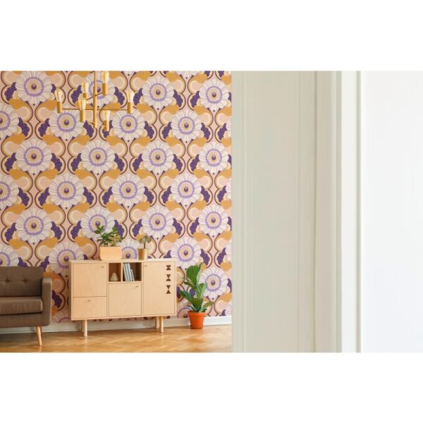 Retro Blumentapete Lila Gelb Creme - Muster Tapete floral - Vliestapete AS-Creation (395303)