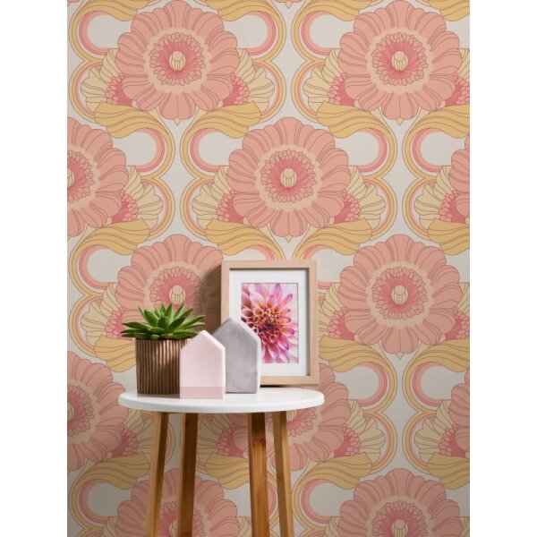 Retro-Blumen Tapete Rosa Gelb Creme - Muster Tapete floral - Vlies Tapete AS-Creation (395305)