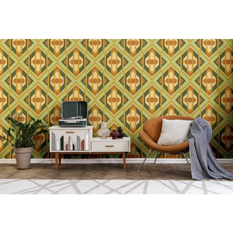 Retro Tapete Geometrisch Grün Gelb Orange - Muster Tapete 70er Jahre - Vlies Tapete AS-Creation (395312)