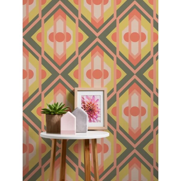 Retro-Tapete Geometrisch Koralle Gelb Grün - Mustertapete 70er Jahre - Vliestapete AS-Creation (395313)