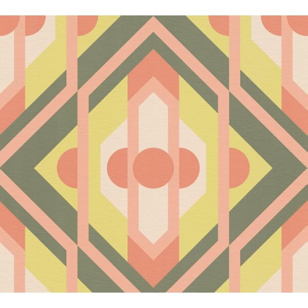 Retro-Tapete Geometrisch Koralle Gelb Grün - Mustertapete 70er Jahre - Vliestapete AS-Creation (395313)