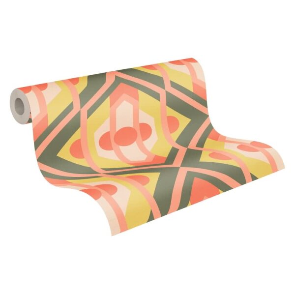 Retro-Tapete Geometrisch Koralle Gelb Grün - Mustertapete 70er Jahre - Vliestapete AS-Creation (395313)