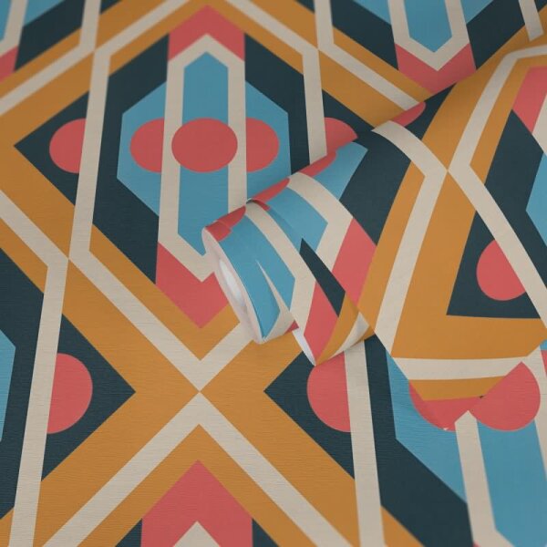 Retro Tapete Geometrisch Blau Senfgelb Rosa - Muster Tapete 70er Jahre - Vlies Tapete AS-Creation (395314)
