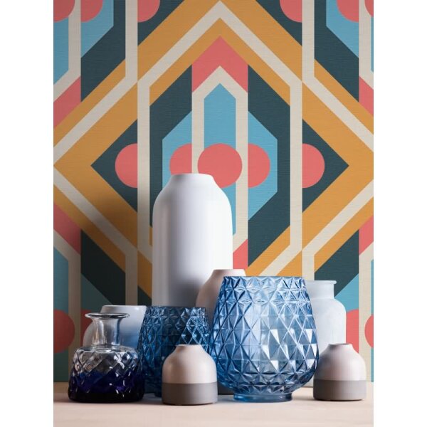 Retro Tapete Geometrisch Blau Senfgelb Rosa - Muster Tapete 70er Jahre - Vlies Tapete AS-Creation (395314)