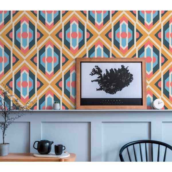 Retro Tapete Geometrisch Blau Senfgelb Rosa - Muster Tapete 70er Jahre - Vlies Tapete AS-Creation (395314)