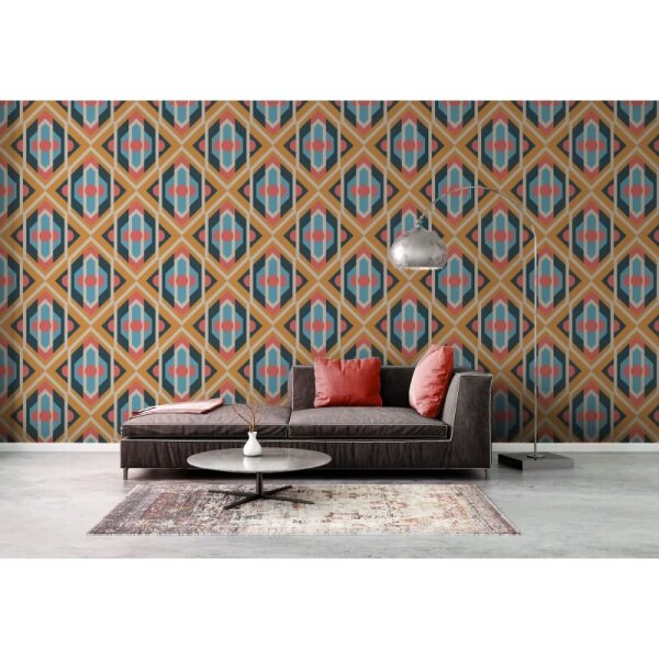 Retro Tapete Geometrisch Blau Senfgelb Rosa - Muster Tapete 70er Jahre - Vlies Tapete AS-Creation (395314)