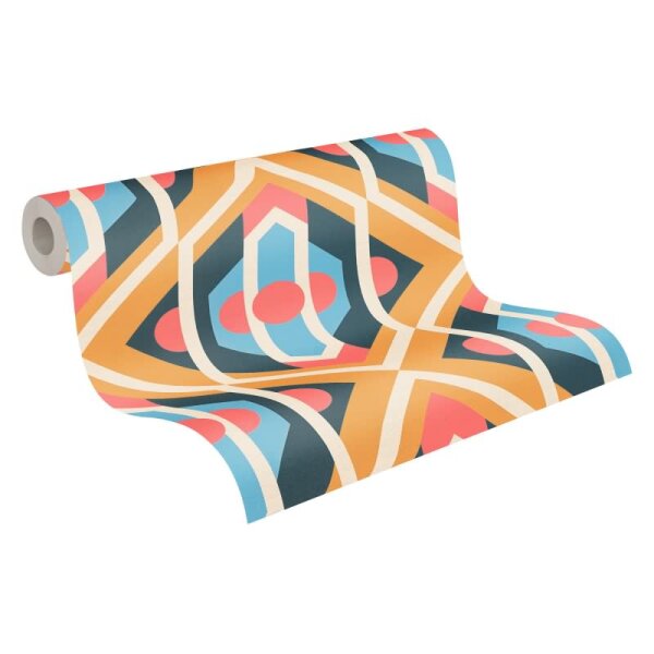 Retro Tapete Geometrisch Blau Senfgelb Rosa - Muster Tapete 70er Jahre - Vlies Tapete AS-Creation (395314)