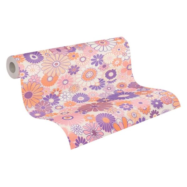 Blumen-Tapete Retro Violett Orange Rosa - Muster Tapete 70er Jahre - Vliestapete AS-Creation (395351)