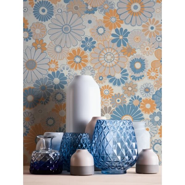Blumen-Tapete Retro Blau Orange Beige - Mustertapete 70er Jahre - Vliestapete AS-Creation (395352)