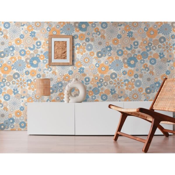 Blumen-Tapete Retro Blau Orange Beige - Mustertapete 70er Jahre - Vliestapete AS-Creation (395352)