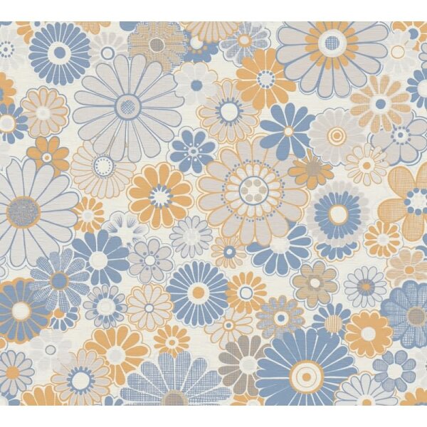Blumen-Tapete Retro Blau Orange Beige - Mustertapete 70er Jahre - Vliestapete AS-Creation (395352)