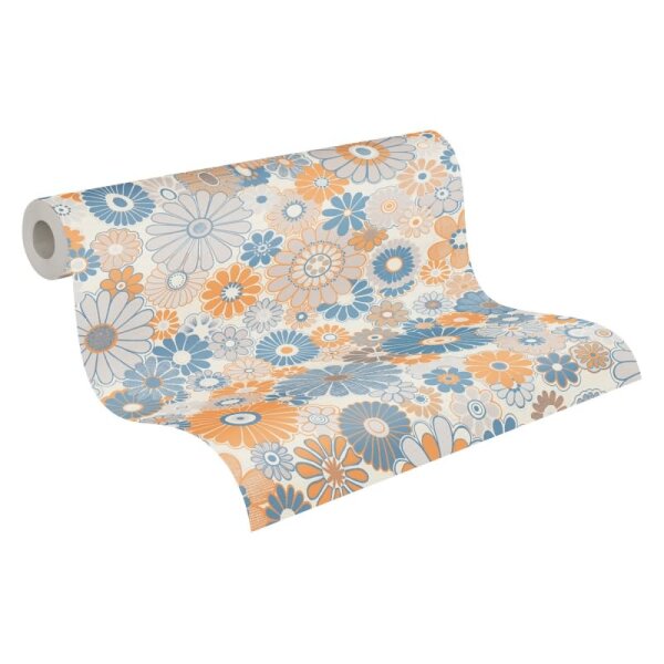 Blumen-Tapete Retro Blau Orange Beige - Mustertapete 70er Jahre - Vliestapete AS-Creation (395352)