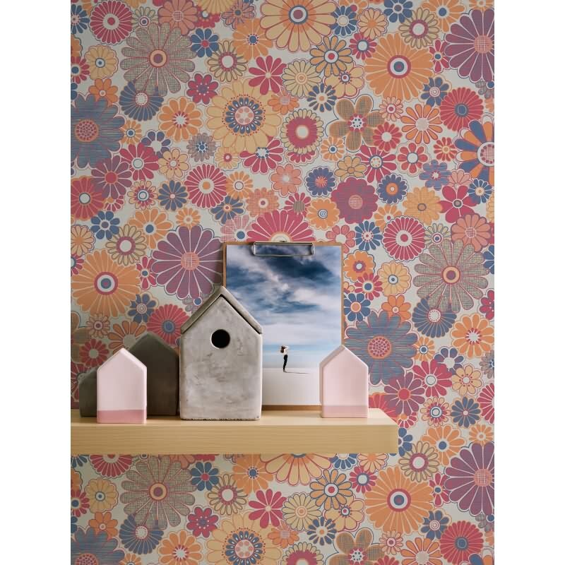 Blumen-Tapete Retro Bunt Gelb Blau Rot - Mustertapete 70er Jahre - Vliestapete AS-Creation (395354)